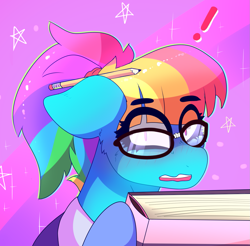 Size: 1353x1329 | Tagged: safe, artist:aaa-its-spook, imported from derpibooru, rainbow dash, pegasus, pony, adorkable, alternate hairstyle, blushing, book, cute, dashabetes, dork, egghead, egghead dash, glasses, meganekko, nerd, pencil, pencil behind ear, solo, stars