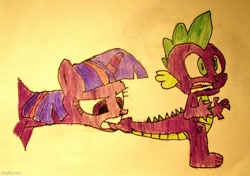 Size: 710x500 | Tagged: safe, artist:and now... a derpibooru user, artist:spikeabuser, imported from derpibooru, spike, twilight sparkle, dragon, pony, green isn't your color, abuse, biting, drawing, episode needed, scene interpretation, spikeabuse, tail bite, traditional art