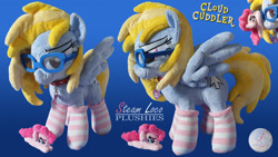 Size: 1920x1080 | Tagged: safe, artist:steam-loco, imported from derpibooru, pinkie pie, oc, oc:cloud cuddler, pegasus, pony, bedroom eyes, clothes, collar, cutie mark, embroidery, female, glasses, heart, pegasus oc, photo, plushie, socks, solo, spread wings, striped socks, wings