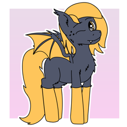 Size: 2400x2400 | Tagged: safe, artist:tav, imported from derpibooru, oc, oc only, oc:seira, bat pony, pony, bat wings, chest fluff, clothes, ear fluff, fangs, fluffy, one eye closed, simple background, socks, solo, wings, wink