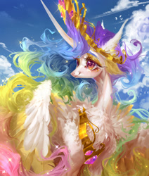 Size: 1268x1495 | Tagged: dead source, safe, artist:maggephah, artist:makkah, imported from derpibooru, princess celestia, alicorn, pony, chest fluff, crown, cute, cutelestia, detailed, ethereal mane, female, fluffy, jewelry, mare, regalia, solo