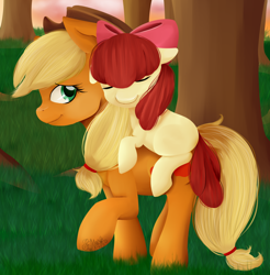 Size: 1760x1792 | Tagged: safe, artist:grace-likes-cake, imported from derpibooru, apple bloom, applejack, earth pony, pony, adorabloom, apple bloom riding applejack, apple sisters, blank flank, cute, female, filly, jackabetes, mare, ponies riding ponies, riding, siblings, sisters, sleeping