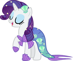 Size: 978x817 | Tagged: safe, artist:pilot231, imported from derpibooru, rarity, mermaid, pony, unicorn, clothes, dress, eyes closed, female, mare, mermaid tail, mermarity, open mouth, raised hoof, rarity's mermaid dress, shell, simple background, solo, transparent background