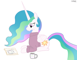 Size: 2437x1909 | Tagged: safe, artist:notawriteranon, imported from derpibooru, princess celestia, oc, oc:anon, alicorn, pony, /mlp/, /sun/, book, clothes, mug, photo, simple background, sweater, white background