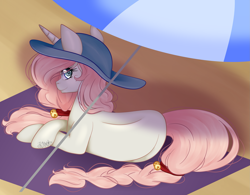 Size: 2773x2163 | Tagged: safe, artist:grace-likes-cake, imported from derpibooru, oc, oc only, oc:blushing breakfast, pony, unicorn, beach, beach blanket, beach umbrella, crossed hooves, female, hat, heart eyes, looking back, lying down, mare, prone, solo, sun hat, wingding eyes