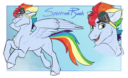 Size: 4688x2845 | Tagged: safe, artist:jeshh, imported from derpibooru, oc, oc only, oc:spectrum rush, pegasus, pony, goggles, male, offspring, parent:rainbow dash, parent:soarin', parents:soarindash, solo, stallion