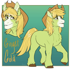 Size: 3500x3500 | Tagged: safe, artist:jeshh, imported from derpibooru, oc, oc only, oc:ginger gold, earth pony, pony, chest fluff, cowboy hat, gradient background, hat, male, offspring, parent:applejack, parent:trouble shoes, parent:troubleshoes clyde, parents:troublejack, solo, stallion, unshorn fetlocks