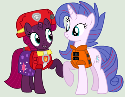 Size: 1394x1086 | Tagged: safe, artist:jadeharmony, artist:jadethepegasus, imported from derpibooru, fizzlepop berrytwist, tempest shadow, oc, oc:aurora (tempest's mother), pony, unicorn, series:sprglitemplight diary, series:sprglitemplight life jacket days, series:springshadowdrops diary, series:springshadowdrops life jacket days, alternate universe, clothes, duo, female, gray background, i can't believe it's not 徐詩珮, lifejacket, mare, marshall (paw patrol), mother and child, mother and daughter, paw patrol, simple background