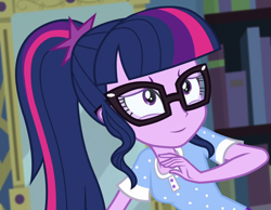 Size: 1390x1080 | Tagged: safe, edit, edited screencap, editor:mycarhasamoustache, imported from derpibooru, screencap, sci-twi, twilight sparkle, equestria girls, legend of everfree, clothes, cropped, glasses, pajamas, smile edit, solo