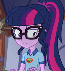 Size: 988x1080 | Tagged: safe, edit, edited screencap, editor:mycarhasamoustache, imported from derpibooru, screencap, sci-twi, twilight sparkle, equestria girls, legend of everfree, camp everfree outfits, cropped, cute, smile edit, solo, twiabetes