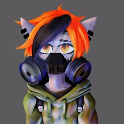 Size: 2674x2674 | Tagged: safe, artist:kelly_foster, imported from derpibooru, oc, oc only, oc:kelly, anthro, pegasus, pony, semi-anthro, anthro oc, backpack, clothes, colored, ear piercing, earring, femboy, gas mask, gray background, half body, high res, hoodie, jewelry, looking at you, male, mask, piercing, shirt, simple background, solo, solo male, stallion, t-shirt