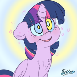 Size: 2000x2000 | Tagged: safe, artist:fluffyxai, imported from derpibooru, twilight sparkle, alicorn, pony, abstract background, blushing, chest fluff, female, floppy ears, folded wings, hypnolight sparkle, hypnosis, kaa eyes, mare, signature, smiling, solo, swirly eyes, twilight sparkle (alicorn), wings