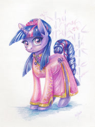 Size: 1200x1612 | Tagged: safe, artist:maytee, imported from derpibooru, twilight sparkle, pony, unicorn, alternate hairstyle, cheongsam, chinese dress, clothes, colored pencil drawing, dress, female, looking at you, mare, solo, traditional art, unicorn twilight