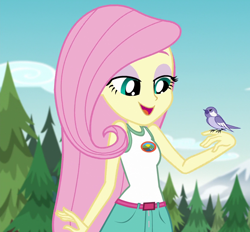 Size: 1166x1080 | Tagged: safe, imported from derpibooru, screencap, fluttershy, bird, equestria girls, legend of everfree, camp everfree outfits, clothes, cropped, sleeveless, solo, tanktop