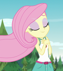 Size: 960x1080 | Tagged: safe, imported from derpibooru, screencap, fluttershy, equestria girls, legend of everfree, camp everfree outfits, clothes, cropped, cute, shyabetes, sleeveless, solo, tanktop, windswept hair