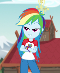 Size: 572x698 | Tagged: safe, imported from derpibooru, screencap, rainbow dash, equestria girls, legend of everfree, blue eyes, camp everfree outfits, clothes, cropped, crossed arms, cute, dashabetes, female, jeans, multicolored hair, pants, pink eyes, rainbow hair, raised eyebrow, shirt, smiling, solo, solo female, t-shirt, tomboy