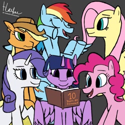 Size: 1080x1080 | Tagged: safe, artist:haekal20, imported from derpibooru, applejack, fluttershy, pinkie pie, rainbow dash, rarity, twilight sparkle, alicorn, earth pony, pegasus, pony, unicorn, 10, book, chatting, group, happy birthday mlp:fim, mane six, memories, mlp fim's tenth anniversary, reading, together, together forever, twilight sparkle (alicorn)