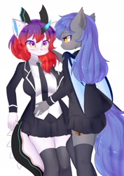 Size: 1357x1920 | Tagged: source needed, safe, artist:f2074, imported from derpibooru, oc, oc:bar, oc:fihyxt, anthro, bat pony, bat pony oc, bat wings, clothes, female, simple background, uniform, white background, wings