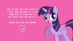 Size: 2560x1440 | Tagged: safe, artist:faze-alan-mskull2019, imported from derpibooru, twilight sparkle, alicorn, pony, unicorn, caption, cute, engrish, female, happy birthday mlp:fim, logo, looking at you, mare, mlp fim's tenth anniversary, my little pony logo, op can't let go, op is on drugs, pink background, simple background, smiling, solo, text, twiabetes, twilight sparkle (alicorn)