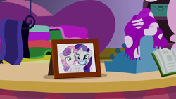 Size: 1280x720 | Tagged: safe, imported from derpibooru, screencap, rarity, sweetie belle, forever filly, background, no pony, photo, picture frame, scenic ponyville