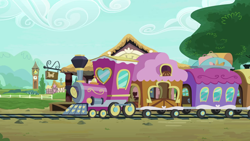 Size: 1280x720 | Tagged: safe, imported from derpibooru, screencap, growing up is hard to do, background, friendship express, no pony, ponyville, ponyville express, scenic ponyville, train station