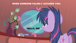 Size: 1280x720 | Tagged: safe, edit, edited screencap, imported from derpibooru, screencap, twilight sparkle, pony, unicorn, bridle gossip, bed mane, brush, brushie, brushing, butt, female, mare, messed up hair, messy mane, mirror, plot, reflection, solo, text, twibutt, unicorn twilight