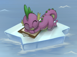 Size: 2192x1613 | Tagged: safe, artist:marsminer, imported from derpibooru, spike, dragon, season 1, winter wrap up, ^^, clipboard, cute, eyes closed, featured image, happy birthday mlp:fim, ice, lying down, male, mlp fim's tenth anniversary, ocean, prone, scene interpretation, sleeping, smiling, solo, spikabetes, sweet dreams fuel, this will end in tears, water