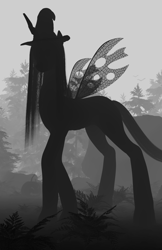 Size: 2151x3319 | Tagged: safe, artist:radiomann01, imported from derpibooru, queen chrysalis, bat, changeling, changeling queen, 3d, bedroom eyes, black and white, blood moon, clothes, crossed legs, detailed background, fangs, female, fern, fog, forest, grayscale, halloween, hat, holiday, horn, jack-o-lantern, looking at you, mane, monochrome, moon, pumpkin, render, silhouette, solo, spread legs, spreading, stone, tail, tree, wings, witch hat