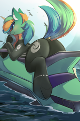 Size: 2054x3111 | Tagged: safe, artist:beardie, imported from derpibooru, oc, oc only, oc:sunny sandbar, pony, unicorn, butt, dock, female, jet ski, mare, plot, solo, tail, underhoof, wetsuit