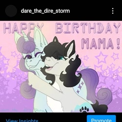 Size: 719x719 | Tagged: safe, artist:darestorm, imported from derpibooru, oc, earth pony, pony, unicorn, bust, duo, earth pony oc, female, happy birthday, horn, mare, one eye closed, open mouth, paw prints, smiling, unicorn oc, wink