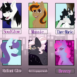 Size: 800x800 | Tagged: safe, artist:darestorm, imported from derpibooru, oc, oc only, oc:breezy, oc:radiant glow, earth pony, pegasus, pony, unicorn, six fanarts, bust, chest fluff, earth pony oc, freckles, glasses, horn, open mouth, pegasus oc, raised hoof, smiling, stars, unicorn oc, wings