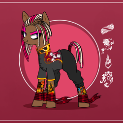 Size: 4000x4000 | Tagged: safe, artist:bonpikabon, imported from derpibooru, oc, oc only, oc:june blaze, earth pony, pony, bandage, clothes, cornrows, eyebrow piercing, eyeshadow, female, makeup, mare, pants, piercing, raised eyebrow, ribbon, shirt, smiling, smirk, solo, tape, tattoo