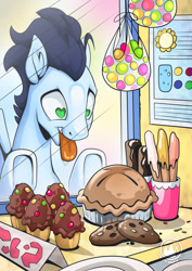 Size: 955x1351 | Tagged: safe, artist:mysticalpha, imported from derpibooru, soarin', pegasus, pony, bakery, candy, cookie, cupcake, eclair, food, heart eyes, looking at something, male, open mouth, pie, solo, stallion, that pony sure does love pies, this will end in weight gain, tongue out, want, wingding eyes
