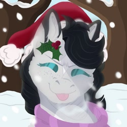 Size: 630x630 | Tagged: safe, alternate version, artist:darestorm, imported from derpibooru, oc, oc only, earth pony, pony, :p, bust, christmas, clothes, earth pony oc, hat, holiday, holly, outdoors, santa hat, scarf, snow, solo, tongue out, tree