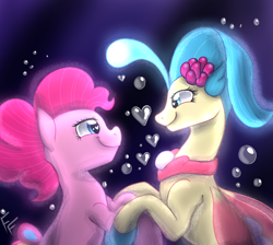 Size: 2000x1788 | Tagged: safe, artist:ponykittenboi, imported from derpibooru, pinkie pie, princess skystar, seapony (g4), my little pony: the movie, blue eyes, bubble, eyelashes, female, fin wings, fins, flower, flower in hair, heart bubbles, heart eyes, holding hooves, jewelry, lesbian, looking at each other, love, necklace, pearl necklace, seaponified, seapony pinkie pie, shipping, signature, skypie, smiling, species swap, underwater, water, wingding eyes, wings