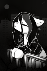 Size: 1975x2999 | Tagged: safe, artist:dipfanken, imported from derpibooru, oc, oc only, earth pony, pony, city, clothes, eyes closed, jacket, monochrome, solo