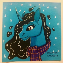 Size: 1080x1080 | Tagged: safe, artist:stargazerseven, imported from derpibooru, princess luna, alicorn, pony, bust, clothes, female, mare, scarf, smiling, solo, traditional art