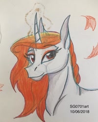 Size: 1080x1350 | Tagged: safe, artist:stargazerseven, imported from derpibooru, oc, oc only, pony, unicorn, bust, glowing horn, horn, leaves, smiling, solo, traditional art, unicorn oc