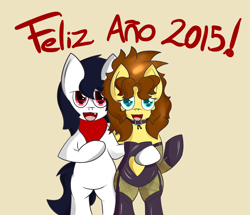 Size: 2000x1722 | Tagged: safe, artist:almaustral, imported from derpibooru, oc, oc only, oc:billy rose, oc:lighting wind, earth pony, pony, :d, bipedal, clothes, duo, earth pony oc, happy new year 2015, male, neckerchief, open mouth, side hug, simple background, smiling, stallion