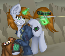 Size: 3051x2607 | Tagged: safe, artist:dreamy990, artist:nightydream, imported from derpibooru, oc, oc only, oc:calamity, oc:littlepip, oc:velvet remedy, pony, unicorn, fallout equestria, clothes, female, gun, handgun, jumpsuit, little macintosh, magic, mare, pipbuck, revolver, telekinesis, toy, vault suit, weapon