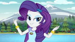 Size: 1920x1080 | Tagged: safe, imported from derpibooru, screencap, rarity, equestria girls, legend of everfree, bracelet, camp everfree, camp everfree logo, camp everfree outfits, female, jewelry, looking at you, mountain, mountain range, outdoors, pine tree, solo, tree