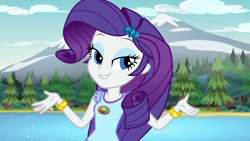 Size: 1920x1080 | Tagged: safe, imported from derpibooru, screencap, rarity, equestria girls, legend of everfree, bracelet, camp everfree logo, camp everfree outfits, female, jewelry, lip bite, looking at you, solo