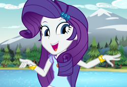 Size: 1568x1080 | Tagged: safe, imported from derpibooru, screencap, rarity, equestria girls, legend of everfree, bracelet, camp everfree outfits, cropped, female, jewelry, looking at you, mountain, mountain range, open mouth, outdoors, solo