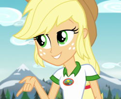 Size: 1316x1080 | Tagged: safe, imported from derpibooru, screencap, applejack, equestria girls, legend of everfree, camp everfree outfits, cropped, smiling, solo