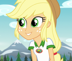 Size: 1270x1080 | Tagged: safe, imported from derpibooru, screencap, applejack, equestria girls, legend of everfree, applebetes, camp everfree outfits, cropped, cute, jackabetes, smiling, solo