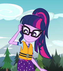 Size: 948x1080 | Tagged: safe, edit, edited screencap, editor:mycarhasamoustache, imported from derpibooru, screencap, sci-twi, twilight sparkle, equestria girls, legend of everfree, camp everfree outfits, cropped, lifejacket, smile edit, solo