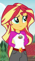 Size: 536x924 | Tagged: safe, edit, edited screencap, editor:mycarhasamoustache, imported from derpibooru, screencap, sunset shimmer, equestria girls, legend of everfree, camp everfree outfits, clothes, cropped, cutie mark, cutie mark on clothes, smile edit, solo