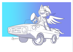 Size: 3508x2480 | Tagged: safe, artist:madgehog, imported from derpibooru, rainbow dash, pegasus, pony, car, clothes, female, glasses, lineart, mare, shirt, spread wings, sunglasses, watch, wings