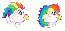 Size: 1280x612 | Tagged: safe, artist:shimazun, imported from derpibooru, oc, oc only, oc:rainbow feather, hippogriff, alternate hairstyle, beak, interspecies offspring, magical lesbian spawn, messy hair, multicolored hair, offspring, parent:gilda, parent:rainbow dash, parents:gildash, rainbow hair, simple background, solo, white background