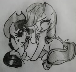 Size: 3040x2878 | Tagged: safe, artist:c.a.m.e.l.l.i.a, imported from derpibooru, apple bloom, applejack, earth pony, black and white, cute, female, grayscale, monochrome, siblings, simple background, sisters, traditional art, white background